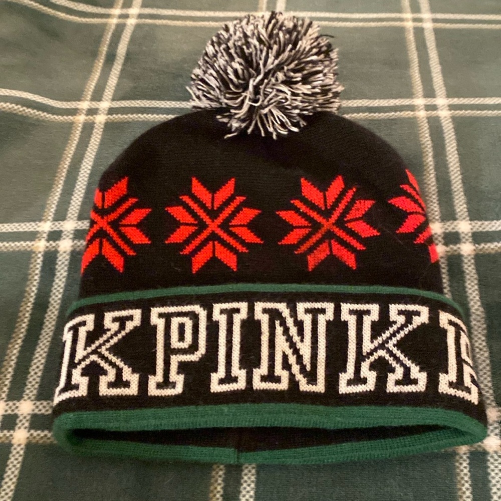 PINK Victoria's Secret Black and Red Star Knit Hat
